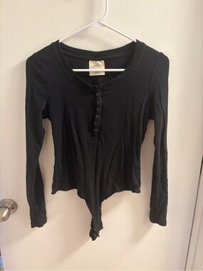 Waffle Knit Long-Sleeve Henley Bodysuit - Black
